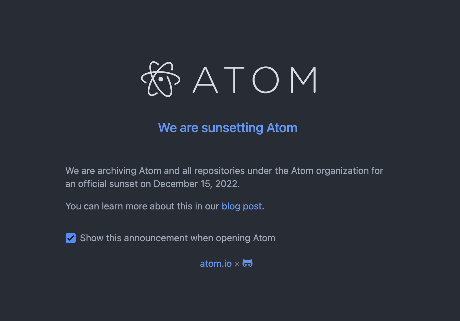 Screen capture of Atom sunsetting message.
