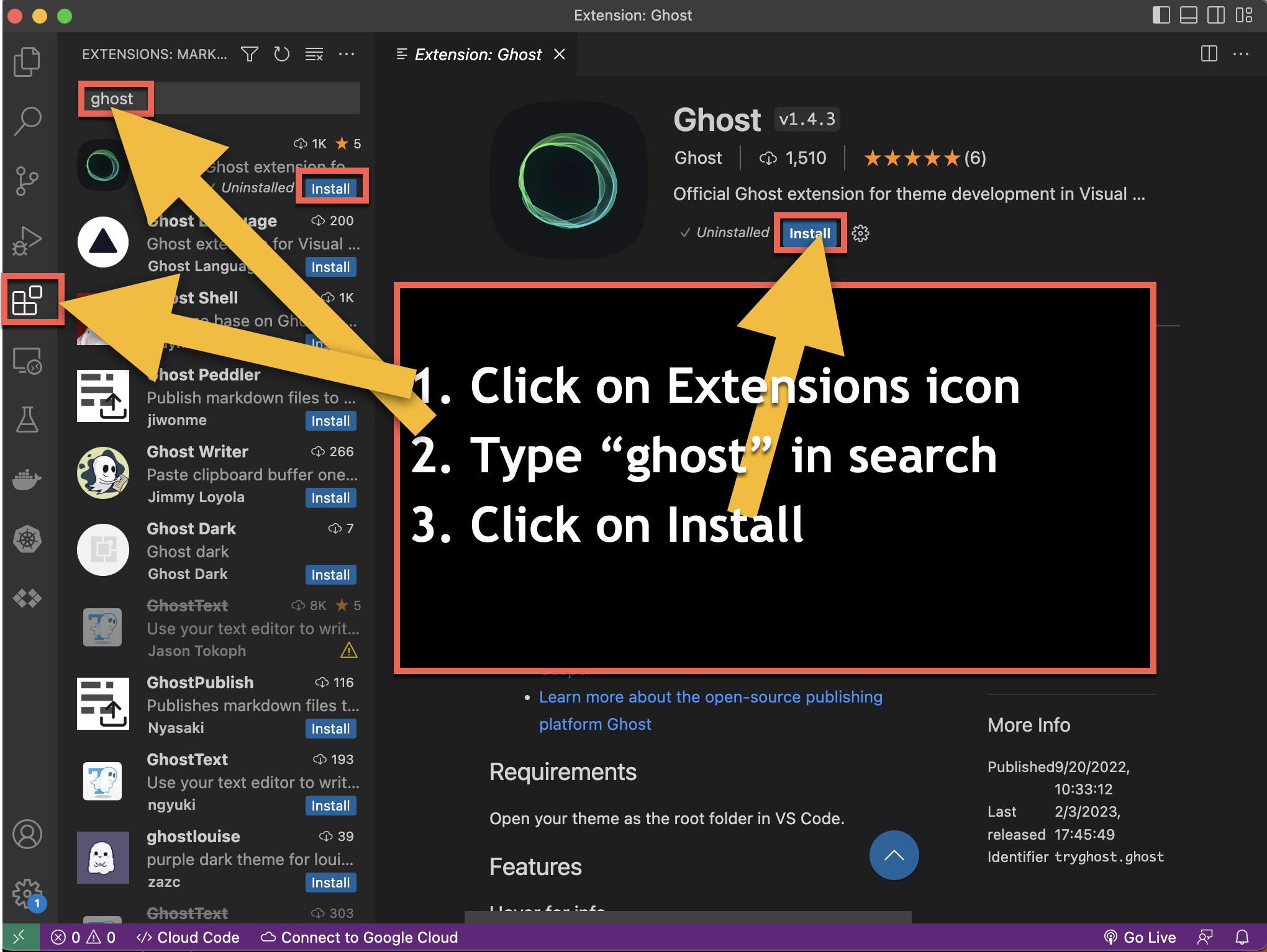 Image showing Steps to add VS Code Extension for Ghost